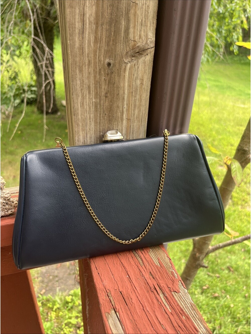 Vintage Mid Century Navy Blue Clutch Purse Handbag Gold Hardware Chain 50s 60s